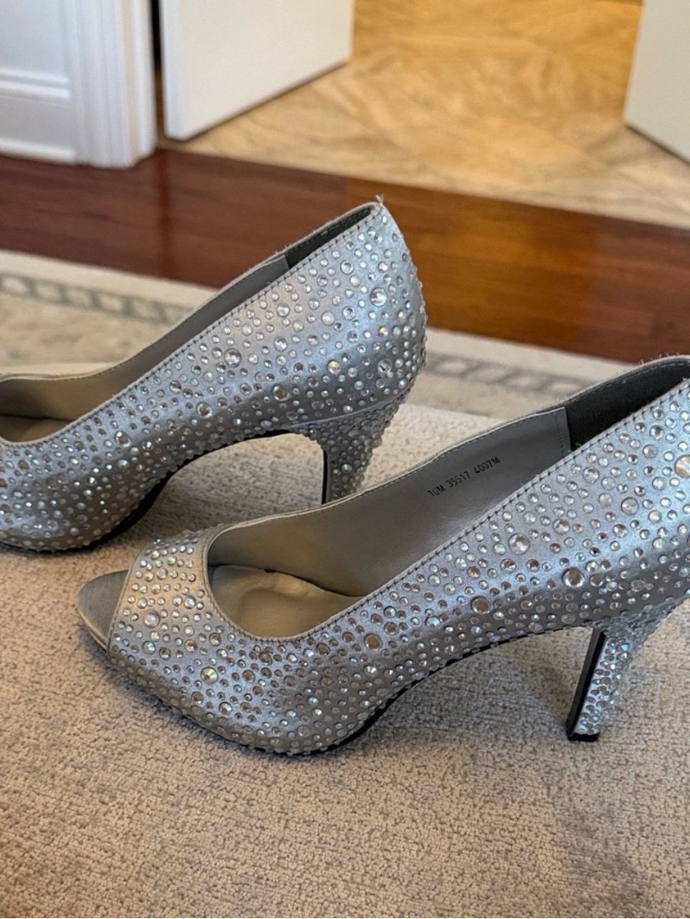 Touch Ups Silver Rhinestone Crystal Peep Toe Heels Pumps Size 10